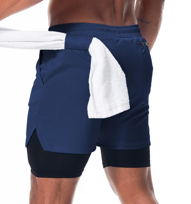 Surenow Men's Athletic Running Shorts Quick Dry Workout Shorts 2 in 1 Shorts 5" Gym Running Shorts for Men with Phone Pocket Navy Blue - Image 2